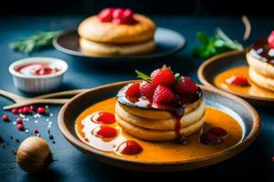 pancakes with strawberries and syrup on a plate. AI-Generated photo