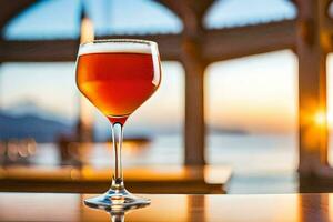 a glass of red wine on a table in front of the ocean. AI-Generated photo