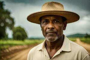 a man in a straw hat standing on a dirt road. AI-Generated photo