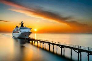 un crucero Embarcacion atracado a el muelle a puesta de sol. generado por ai foto