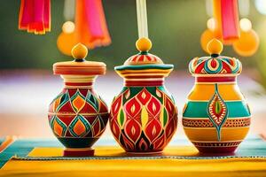 three colorful vases on a table with colorful decorations. AI-Generated photo