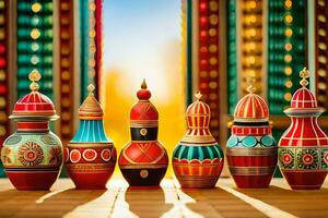 colorful painted wooden vases on a wooden table. AI-Generated photo