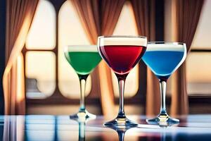 three glasses of colored drinks on a table. AI-Generated photo
