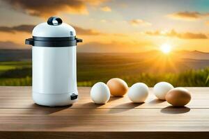 eggs and a coffee machine on a table. AI-Generated photo