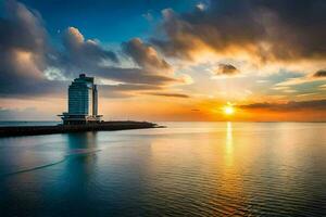 the sun sets over a building in the middle of the ocean. AI-Generated photo