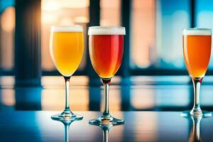 three glasses of different colored drinks on a table. AI-Generated photo
