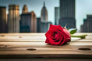 un rojo Rosa se sienta en un de madera mesa en frente de un ciudad horizonte. generado por ai foto