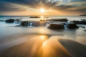 the sun rises over the ocean and rocks at the beach. AI-Generated photo
