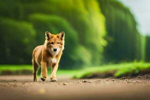 a red fox walking on a dirt road. AI-Generated photo