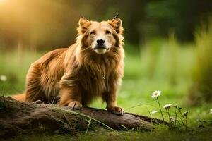 a golden retriever is standing on a log in a field. AI-Generated photo