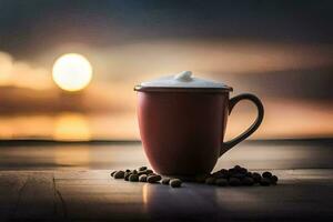 the coffee cup is on a wooden table with beans and a sunset in the background. AI-Generated photo