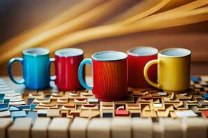 vistoso café tazas en un de madera mesa. generado por ai foto