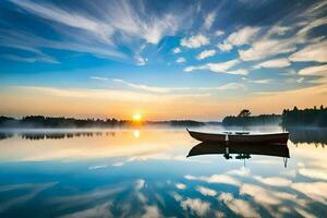 a boat is floating on a calm lake at sunset. AI-Generated photo