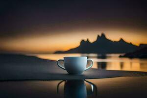 un taza se sienta en el playa a puesta de sol. generado por ai foto