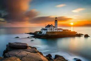 un faro se sienta en un rocoso afloramiento a puesta de sol. generado por ai foto