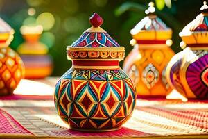 colorful vases on a table with a colorful design. AI-Generated photo