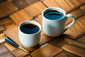 two cups of coffee on a wooden table. AI-Generated photo