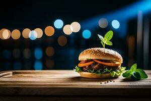 a hamburger on a wooden cutting board with a blurred background. AI-Generated photo