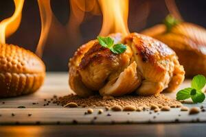 chicken with spices and herbs on a wooden cutting board. AI-Generated photo