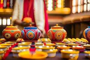 colorful pots and bowls on a table with a person in red. AI-Generated photo