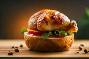 a chicken sandwich on a bread with herbs. AI-Generated photo