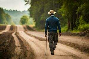 a man walking down a dirt road with a cane. AI-Generated photo