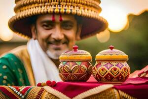 a man in traditional indian attire is holding two pots. AI-Generated photo