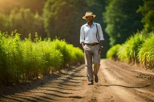 a man in a hat walks through a field of sugar cane. AI-Generated photo