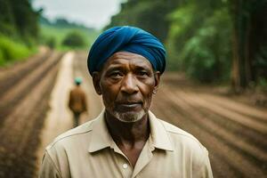 a man in a turban stands in the middle of a field. AI-Generated photo