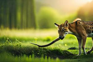 a tiger is walking through a field with a stick. AI-Generated photo