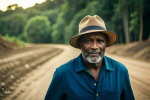 an older man wearing a hat standing on a dirt road. AI-Generated photo