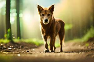 a dog walking on a dirt road in the woods. AI-Generated photo