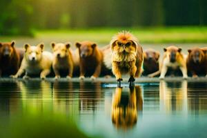 un grupo de perros en pie en el agua. generado por ai foto