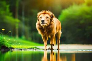 a lion walking across a grassy field. AI-Generated photo