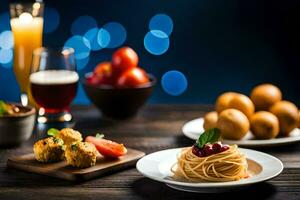 un mesa con platos de comida y bebidas generado por ai foto