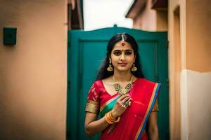 a beautiful indian woman in a red sari. AI-Generated photo