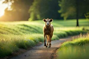 un vaca caminando abajo un suciedad la carretera en el medio de un campo. generado por ai foto