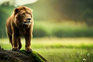 the lion is standing on a rock in the middle of a field. AI-Generated photo