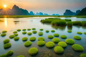 the sun is setting over a river with grass and rocks. AI-Generated photo