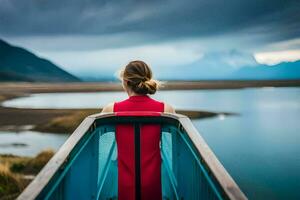 un mujer en un rojo vestir mira fuera terminado un lago. generado por ai foto