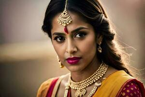 an indian woman wearing jewelry and a red sari. AI-Generated photo