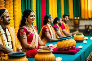 a bride and groom sitting at a table with candles. AI-Generated photo