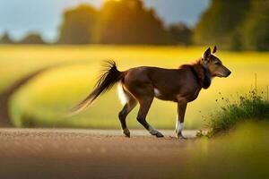 a horse walking on a road in the middle of a field. AI-Generated photo