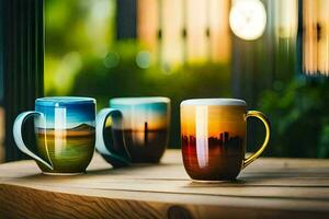 three coffee mugs with different designs on them. AI-Generated photo