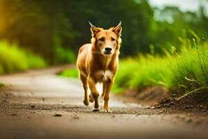 a dog walking down a road in the middle of a field. AI-Generated photo