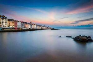 the sunset over the sea and buildings in the foreground. AI-Generated photo