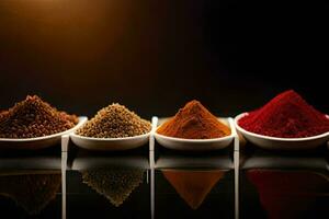 a row of different spices in bowls. AI-Generated photo