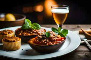 a plate with food and a glass of beer. AI-Generated photo