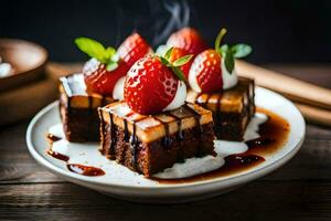 un plato con fresas y chocolate en él. generado por ai foto