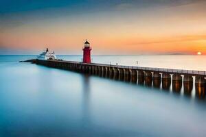 a long exposure photograph of a lighthouse at sunset. AI-Generated photo